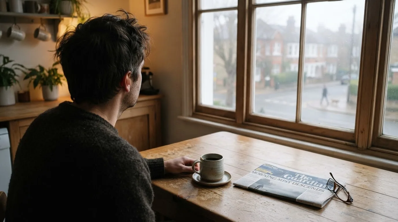En person sitter vid köksbordet med en kopp kaffe och tittar ut genom fönstret i mjukt morgonljus.