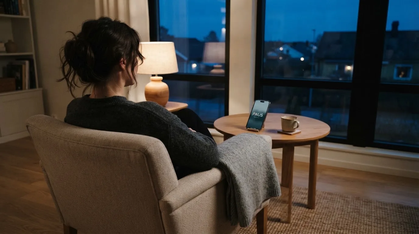 En person sitter ensam i en fåtölj med händerna knäppta och blicken riktad ut genom fönstret en lugn kväll.