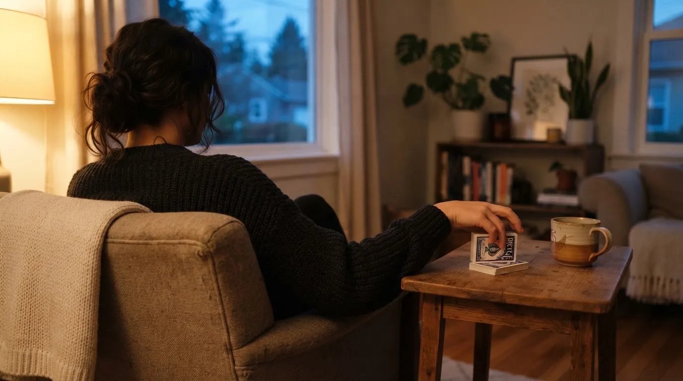En person sitter hemma i en fåtölj och blandar en kortlek på ett litet bord, med mjukt kvällsljus genom fönstret i bakgrunden.