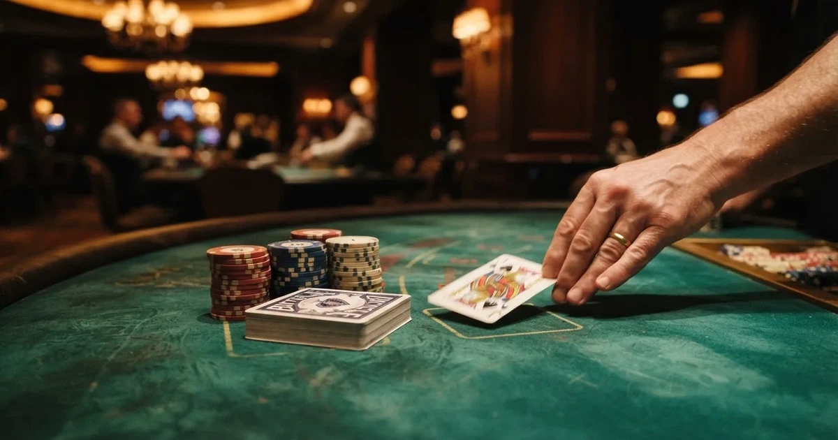En närbild av ett grönt blackjackbord med kortlek, spelmarker i olika färger och suddiga händer som delar korten i mjukt ljus.