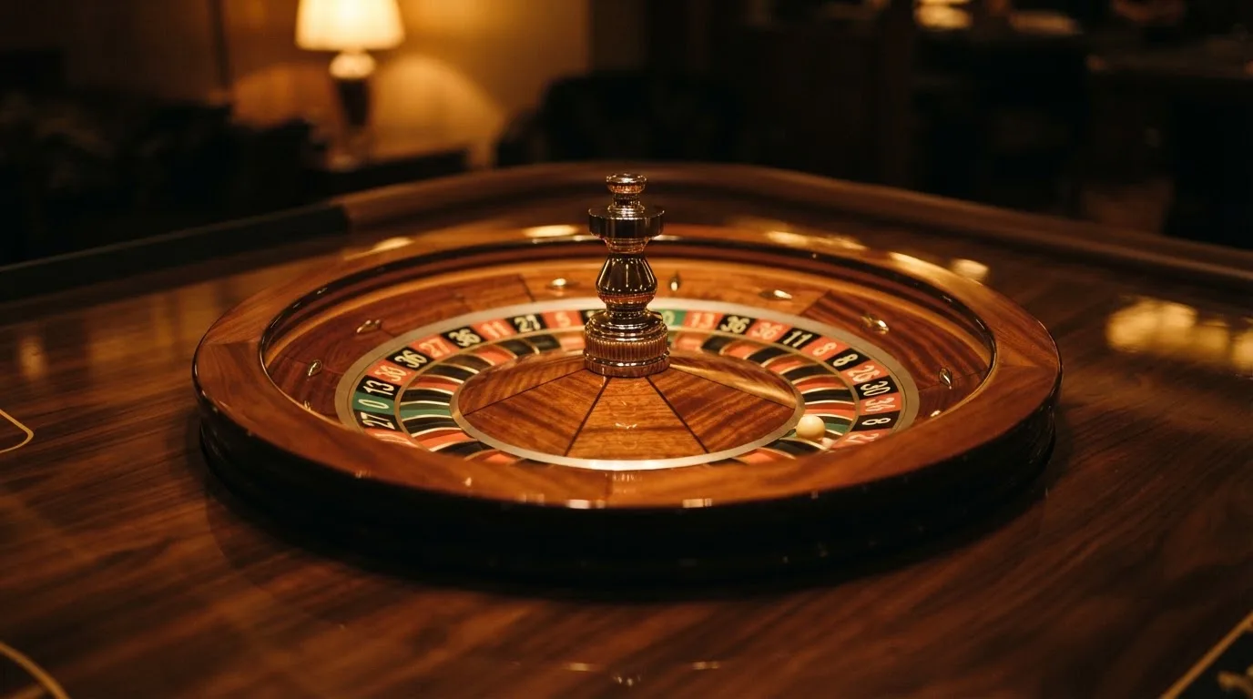 Ett roulettehjul snurrar på ett blankt träbord, den vita kulan glimmar i takljusets guld — spela spelautomater i sverige