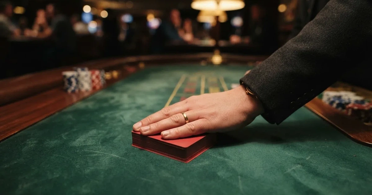 Croupierens händer blandar kort på grönt filt, taklampan speglas i den blanka kortbunten — spela spelautomater i sverige