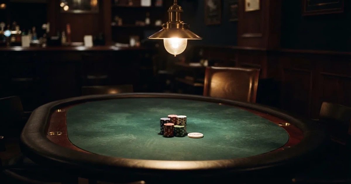 Ett ovalt pokerbord under en lågt hängande lampa, med spelmarker och en vit bricka i ljuset — spelautomater på nätet