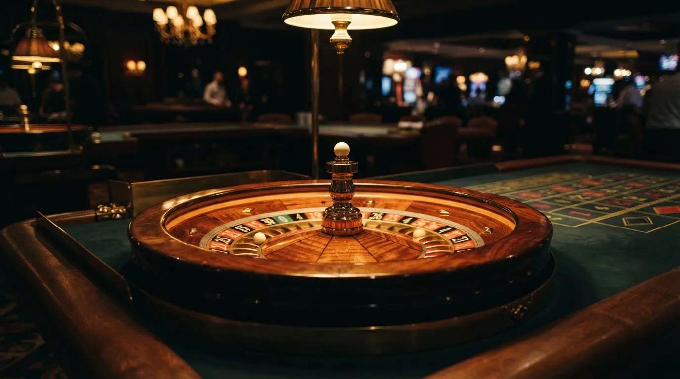 Ett roulettehjul snurrar på ett blankt träbord, den vita kulan glimmar i takljusets guld — svenska casino betala med telefon