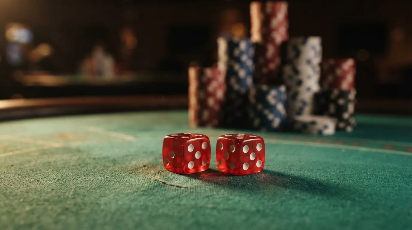 Röda tärningar vilar på grönt filt, bakom dem suddiga torn av spelmarker i kvällsdunklet — svenska casinon för high rollers