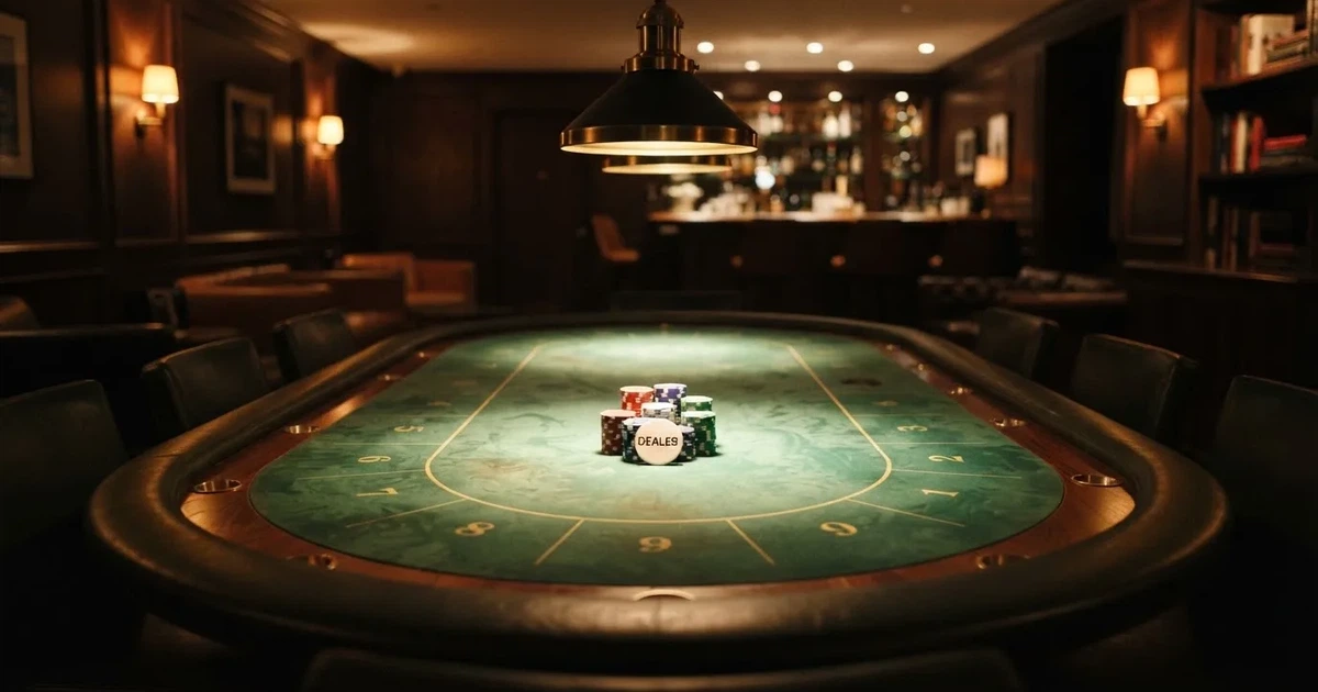 Ett ovalt pokerbord under en lågt hängande lampa, med spelmarker och en vit bricka i ljuset — svenska casinon för high rollers