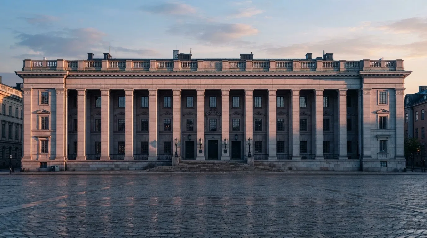 Stenfasad på en statlig byggnad i Stockholm vid gryning, höga pelare och ett tomt torg framför — svenska casinon för high rollers