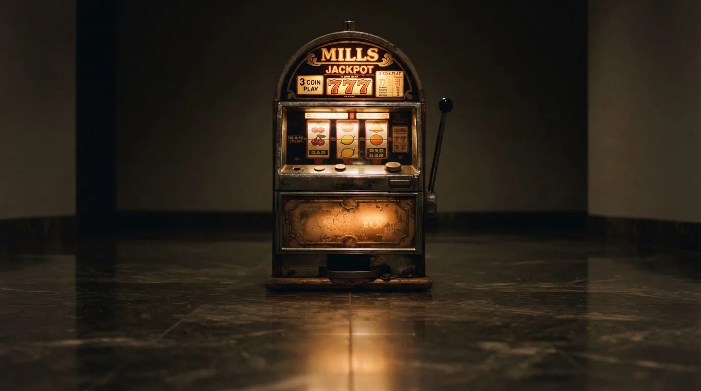En gammal spelautomat lyser i den dunkla hallen och speglar sig i golvet — svenska casinon för storspelare