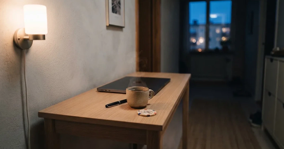 Kaffekopp och penna på ett smalt hallbord i skymning, en stängd bärbar dator vid sidan — svenska casinon med astropay