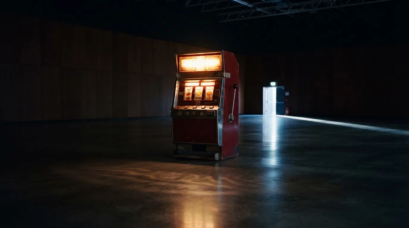 En gammal spelautomat lyser i den dunkla hallen och speglar sig i golvet — svenska casinon med banköverföring