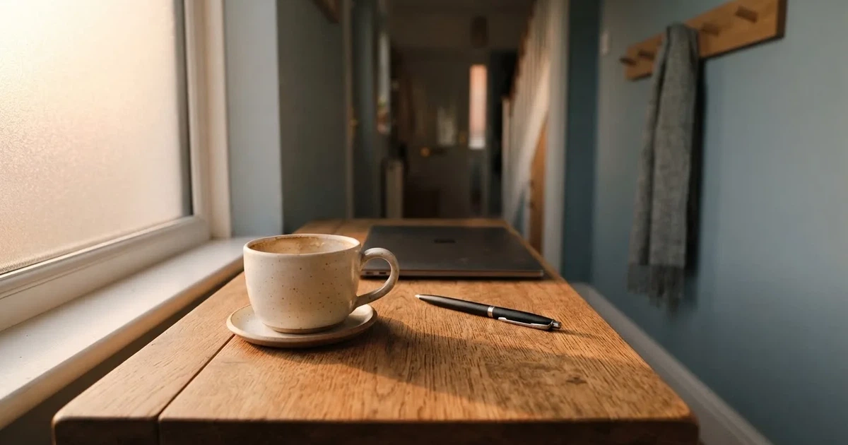Kaffekopp och penna på ett smalt hallbord i skymning, en stängd bärbar dator vid sidan — svenska casinon med banköverföring