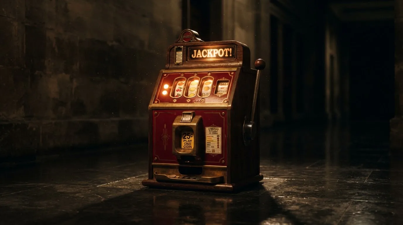 En gammal spelautomat lyser i den dunkla hallen och speglar sig i golvet — svenska casinon med bitcoin