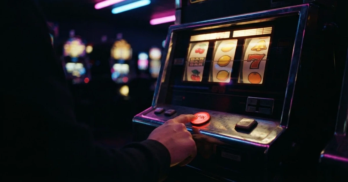 Ett finger trycker på spelautomatens klarröda knapp i dunklet, neonljus lyser runt omkring — svenska casinon med bonus