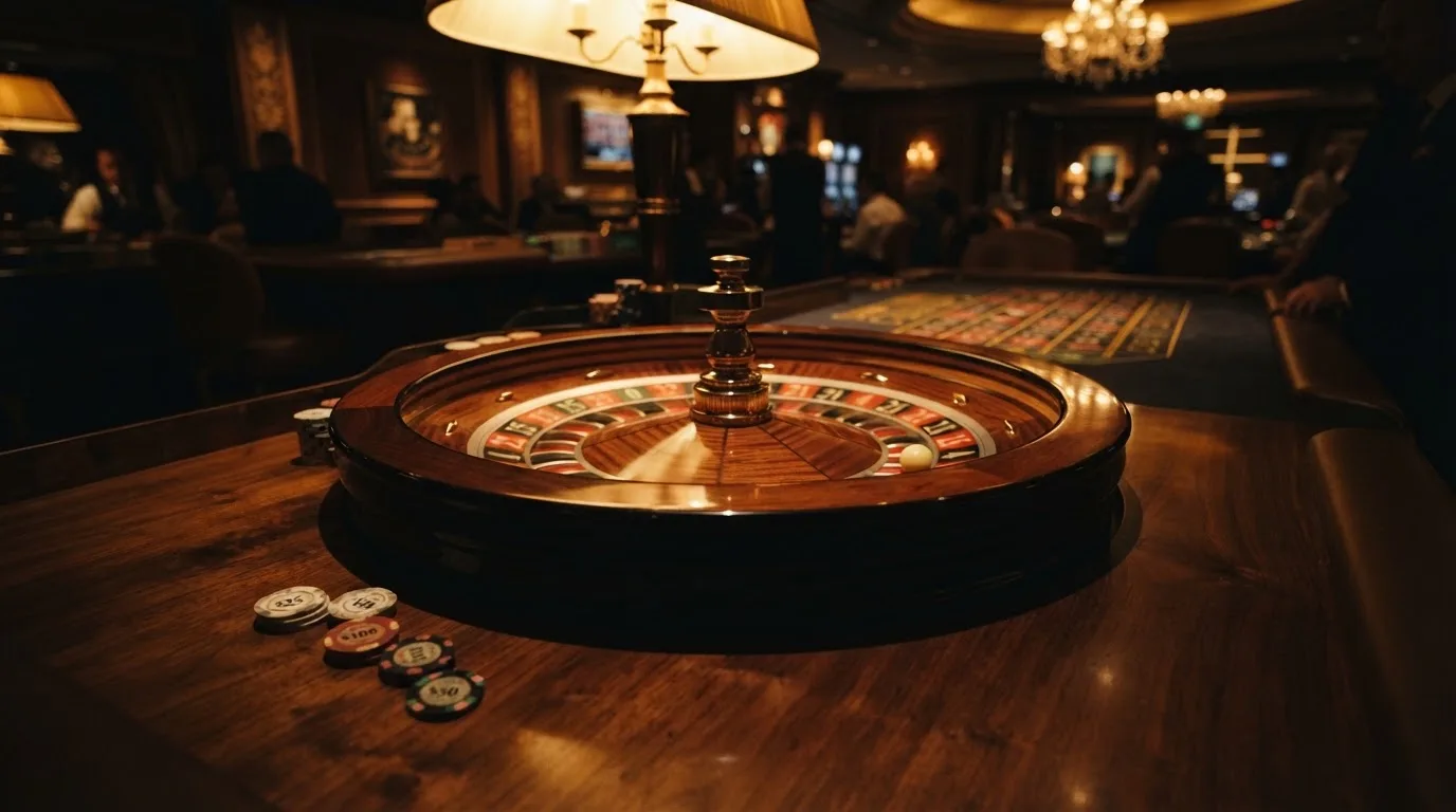 Ett roulettehjul snurrar på ett blankt träbord, den vita kulan glimmar i takljusets guld — svenska casinon med brite