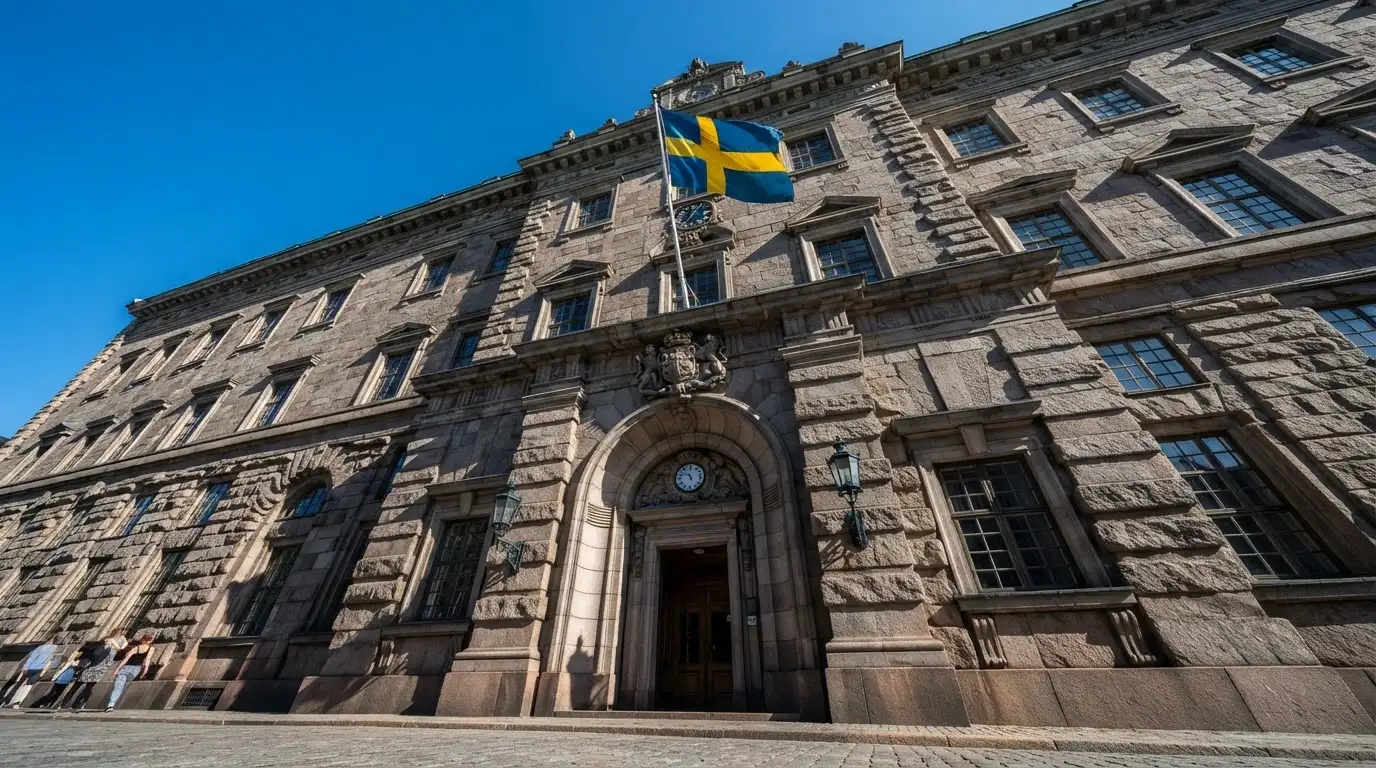 Ett gammalt stadshus i sten fotograferat underifrån mot en klarblå himmel, med den svenska flaggan som fladdrar ovanför entrén.