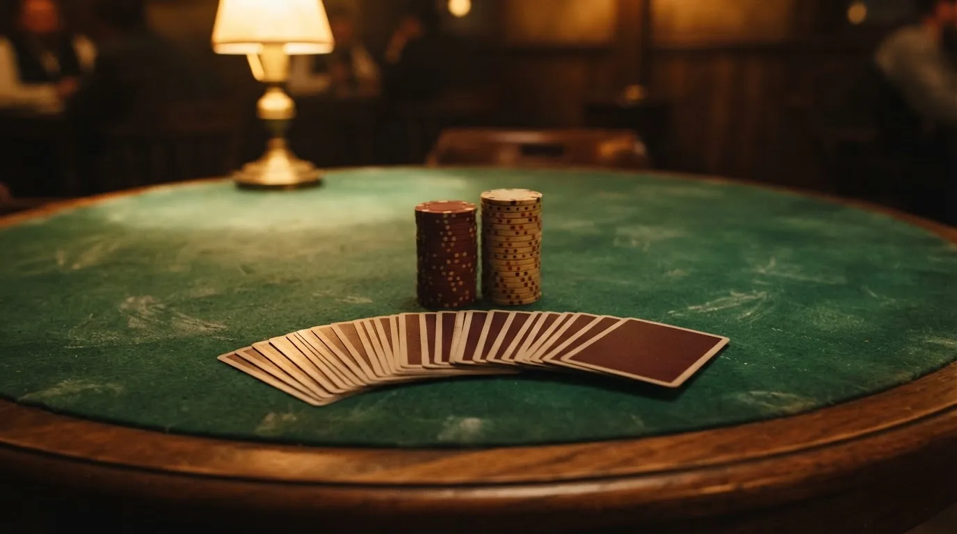 Kortlek och staplar av spelmarker på ett grönt filtbord i en dunkel salong, varmt lampsken — svenska casinon med faktura
