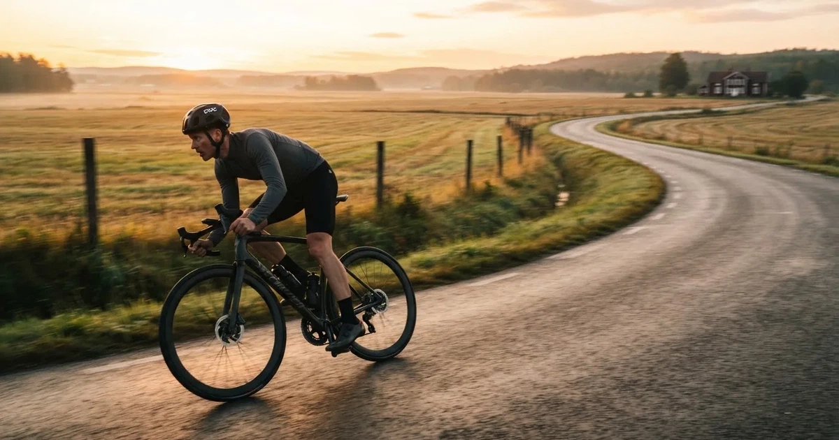 En cyklist susar längs en landsväg vid soluppgång, farten gör åkrarna suddiga i bakgrunden — svenska casinon med faktura