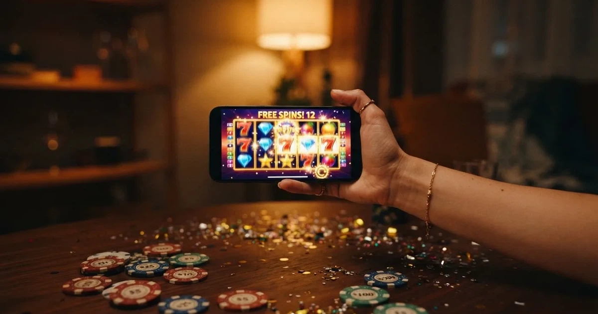 En hand håller upp en smartphone med skärmen vänd nedåt bredvid glittrande konfetti och guldmynt på ett mörkt bord.