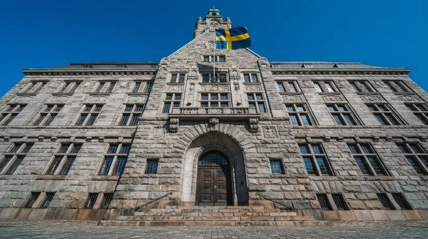 Ett gammalt stadshus i sten fotograferat underifrån mot en klarblå himmel, med den svenska flaggan som fladdrar ovanför entrén.