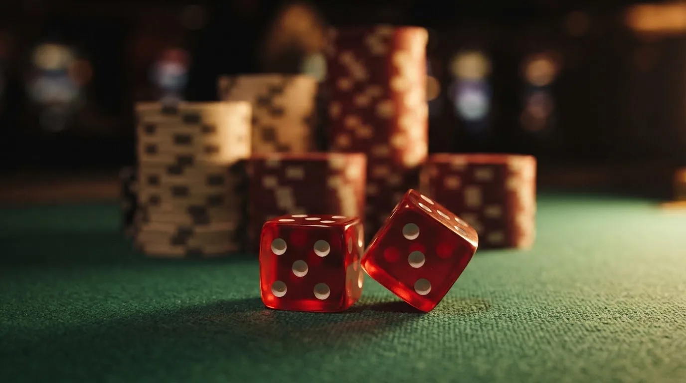 Röda tärningar vilar på grönt filt, bakom dem suddiga torn av spelmarker i kvällsdunklet — svenska casinon med google pay
