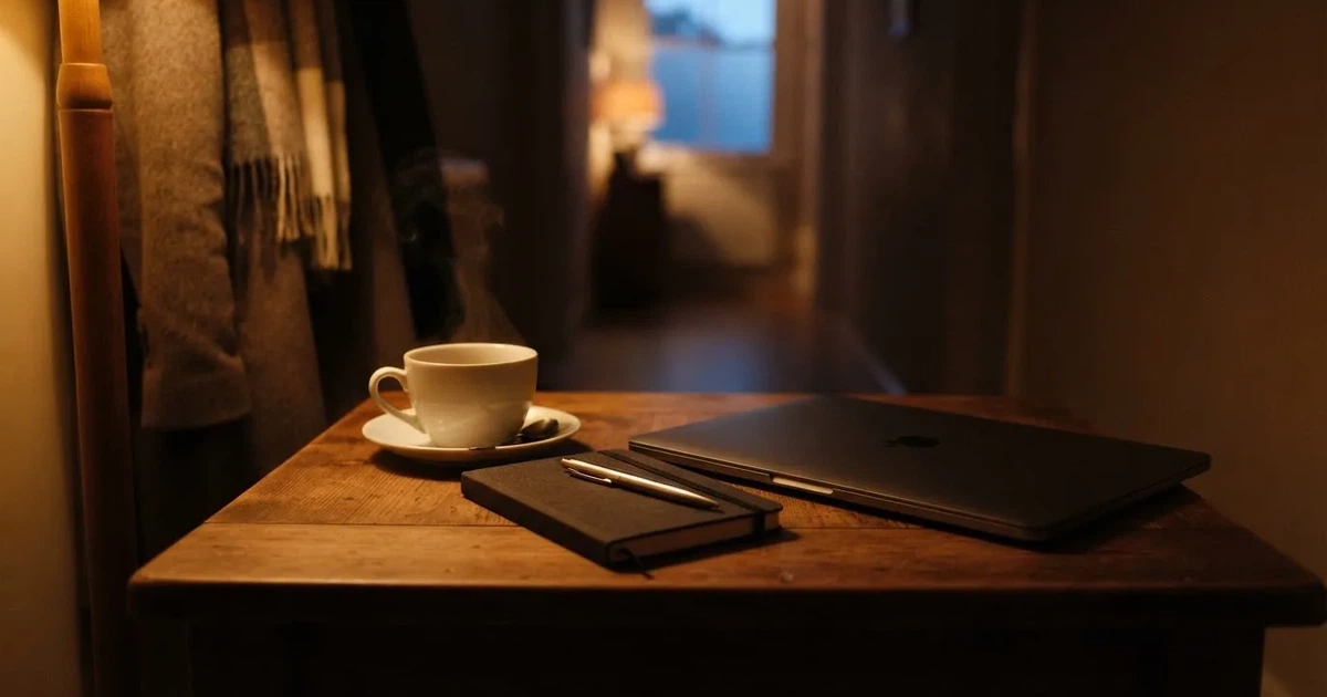 Kaffekopp och penna på ett smalt hallbord i skymning, en stängd bärbar dator vid sidan — svenska casinon med google pay