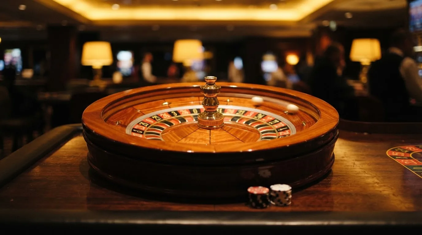 Ett roulettehjul snurrar på ett blankt träbord, den vita kulan glimmar i takljusets guld — svenska casinon med högst rtp