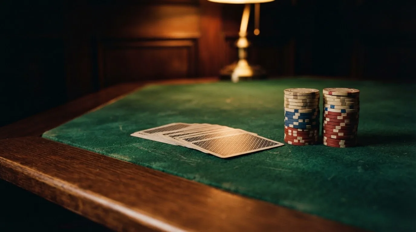 Kortlek och staplar av spelmarker på ett grönt filtbord i en dunkel salong, varmt lampsken — svenska casinon med jeton