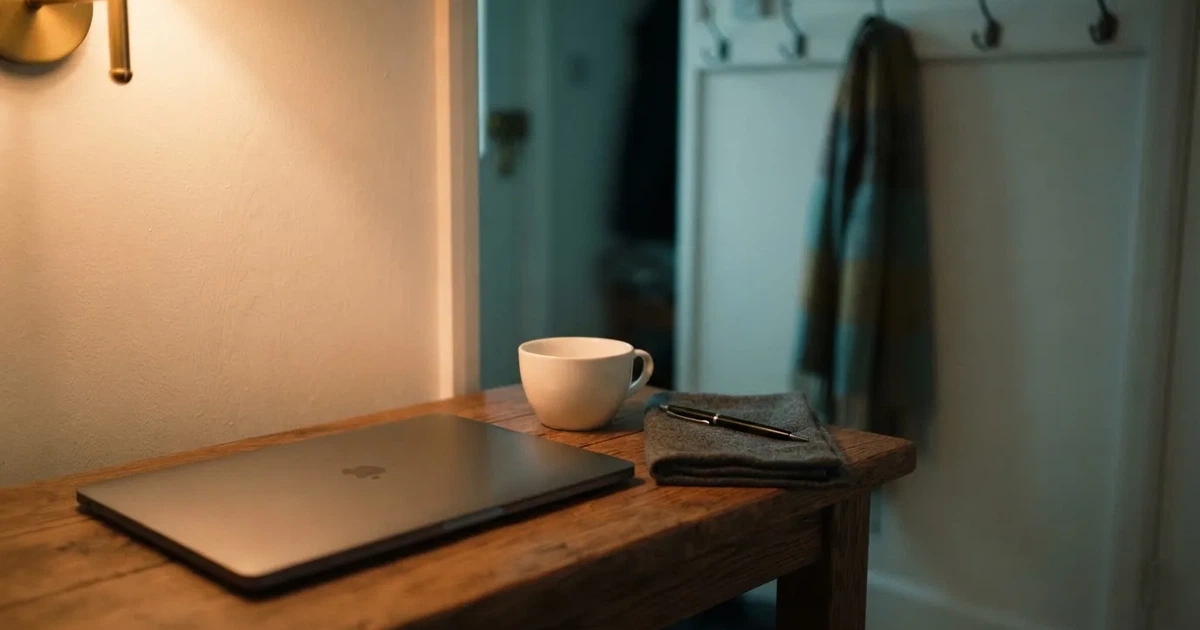 Kaffekopp och penna på ett smalt hallbord i skymning, en stängd bärbar dator vid sidan — svenska casinon med jeton