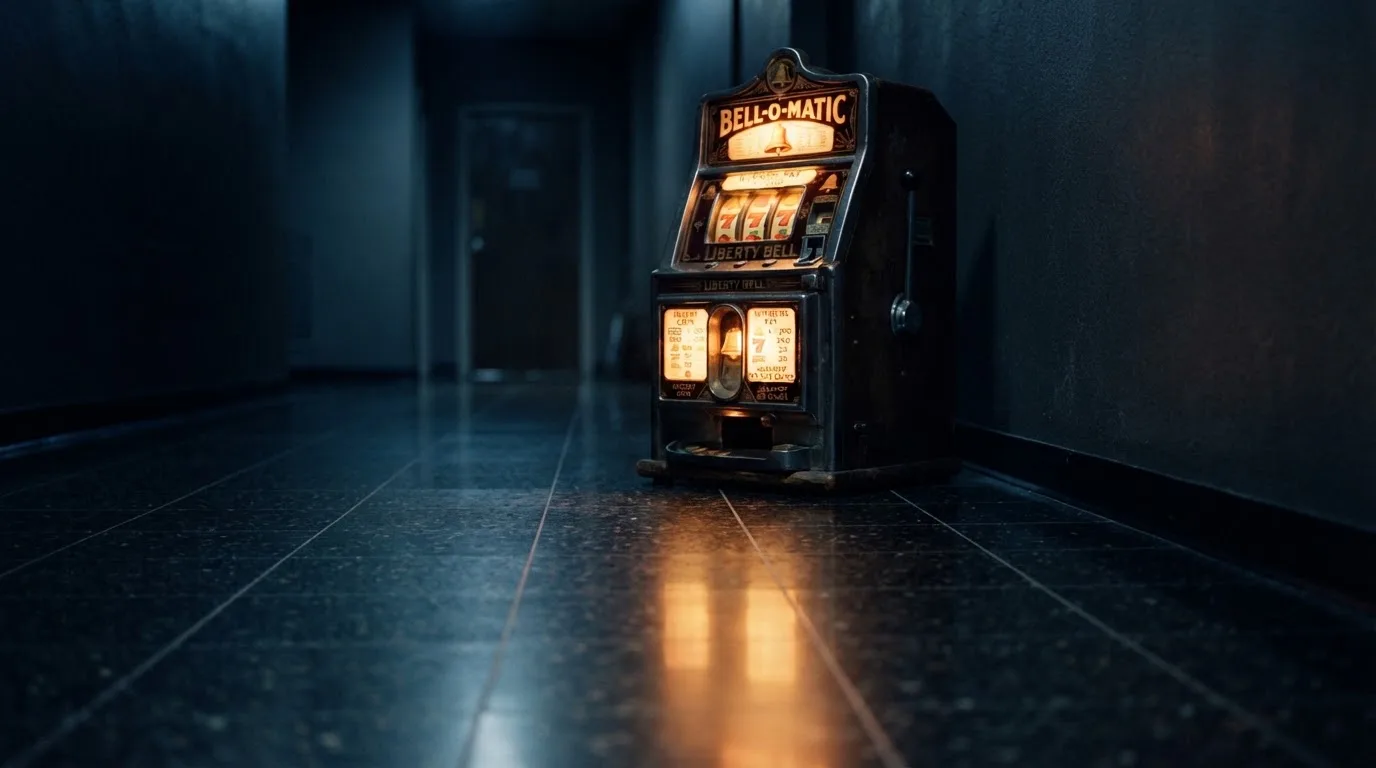 En gammal spelautomat lyser i den dunkla hallen och speglar sig i golvet — svenska casinon med keno