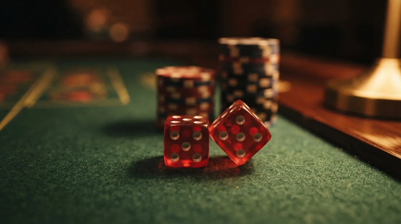 Röda tärningar vilar på grönt filt, bakom dem suddiga torn av spelmarker i kvällsdunklet — svenska casinon med klarna