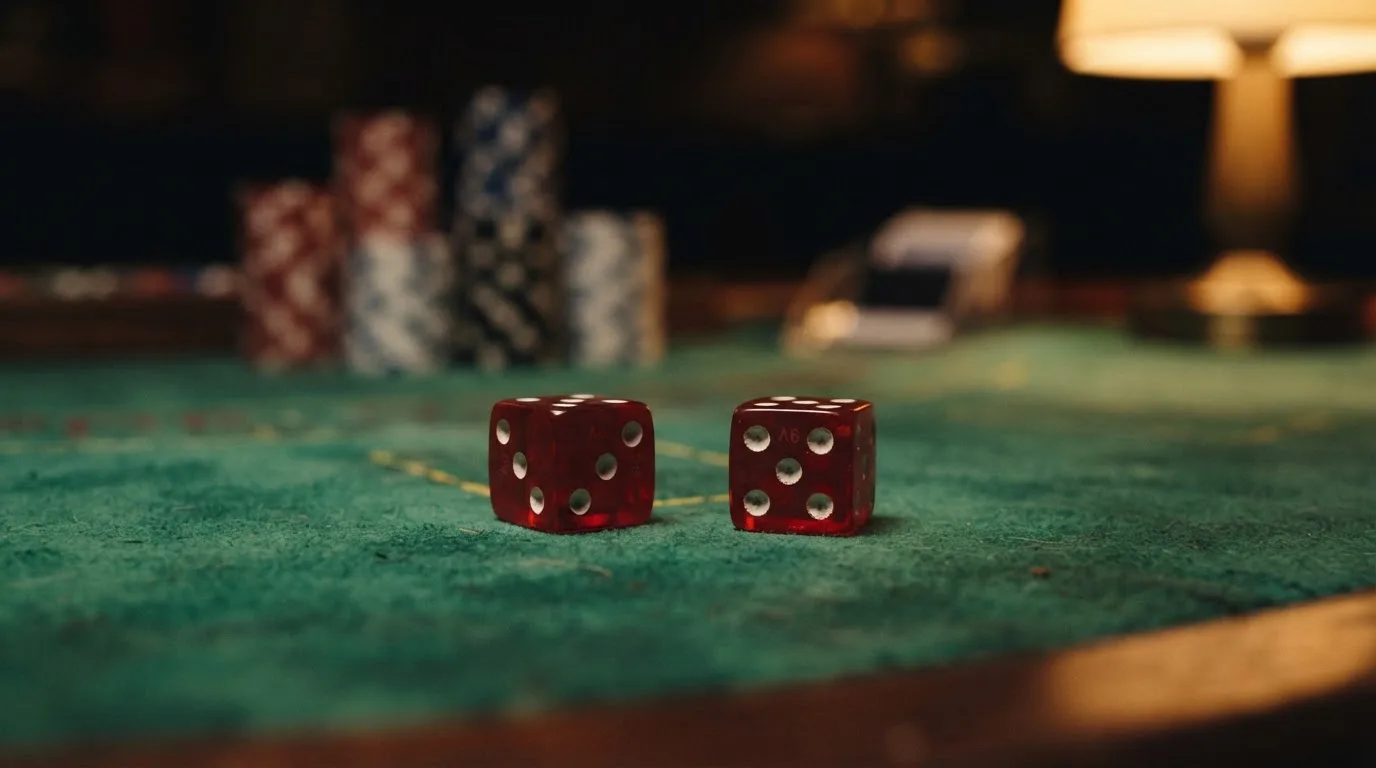 Röda tärningar vilar på grönt filt, bakom dem suddiga torn av spelmarker i kvällsdunklet — svenska casinon med litecoin