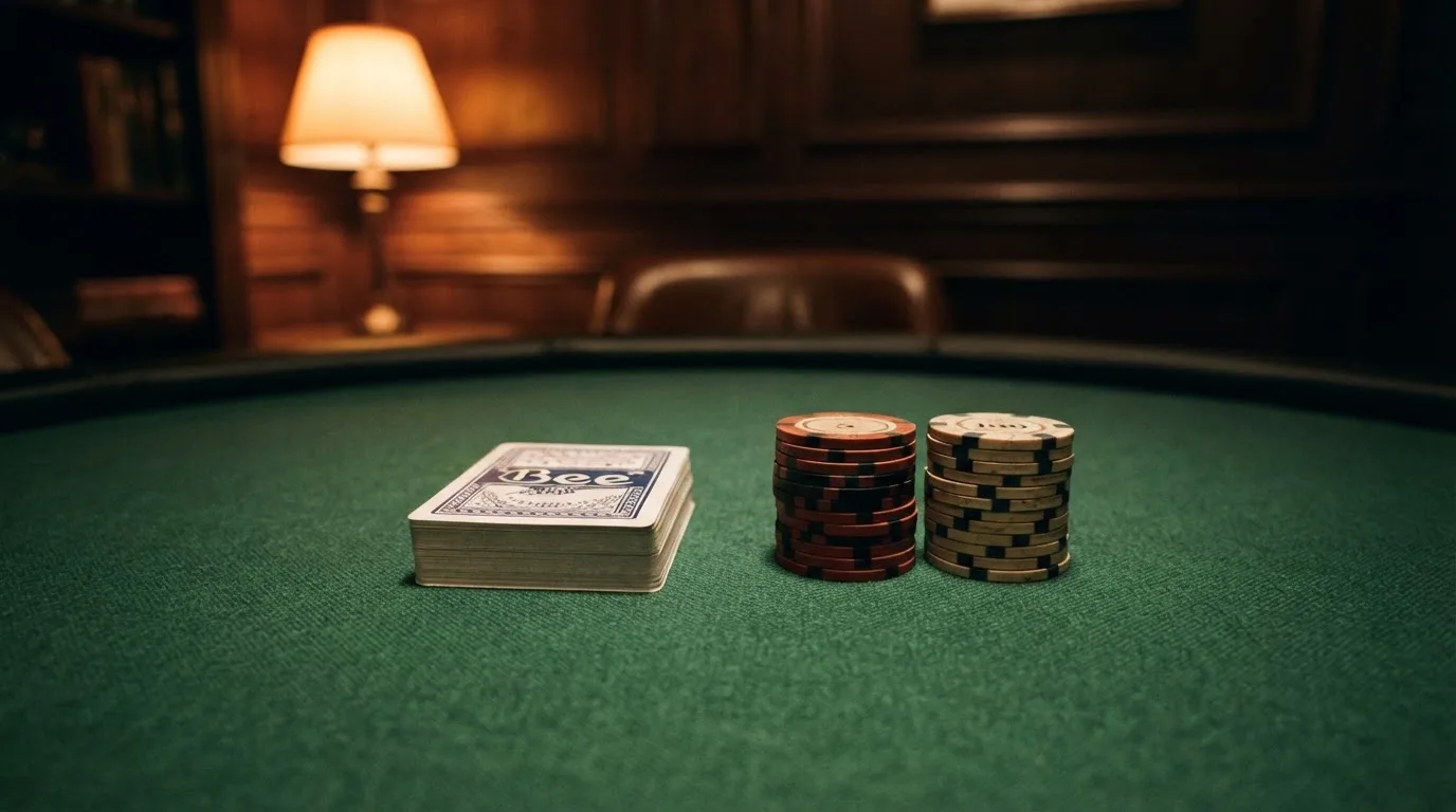 Kortlek och staplar av spelmarker på ett grönt filtbord i en dunkel salong, varmt lampsken — svenska casinon med mastercard