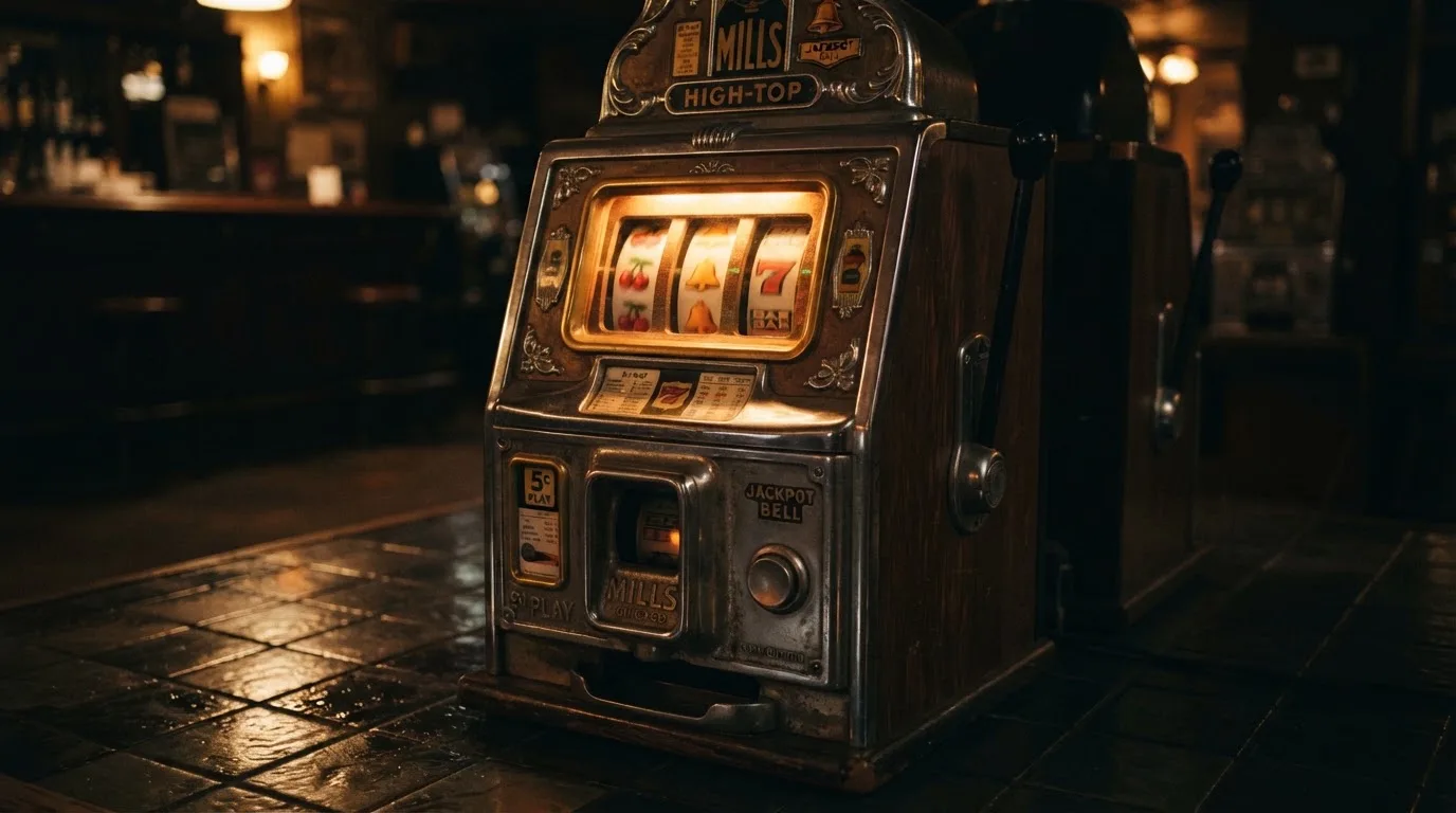 En gammal spelautomat lyser i den dunkla hallen och speglar sig i golvet — svenska casinon med mga licens