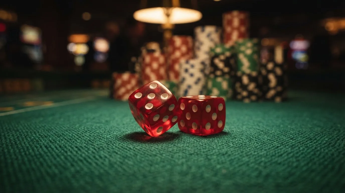 Röda tärningar vilar på grönt filt, bakom dem suddiga torn av spelmarker i kvällsdunklet — svenska casinon med neosurf