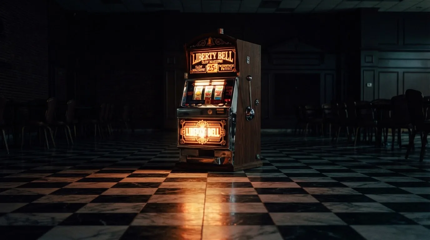 En gammal spelautomat lyser i den dunkla hallen och speglar sig i golvet — svenska casinon med neteller