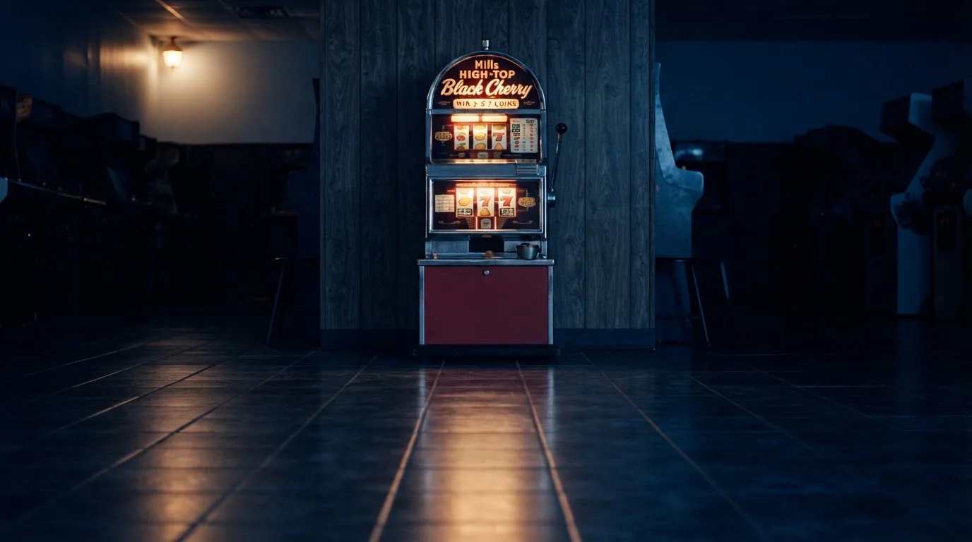 En gammal spelautomat lyser i den dunkla hallen och speglar sig i golvet — svenska casinon med paypal