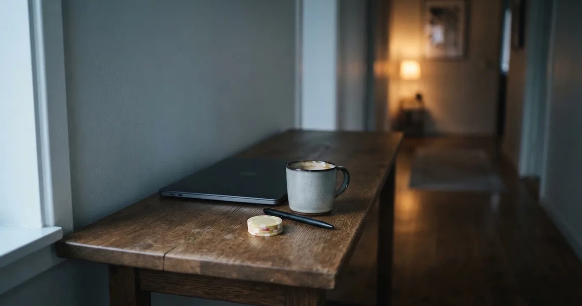 Kaffekopp och penna på ett smalt hallbord i skymning, en stängd bärbar dator vid sidan — svenska casinon med paypal