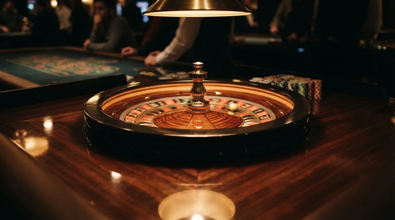 Ett roulettehjul snurrar på ett blankt träbord, den vita kulan glimmar i takljusets guld — svenska casinon med paysafecard