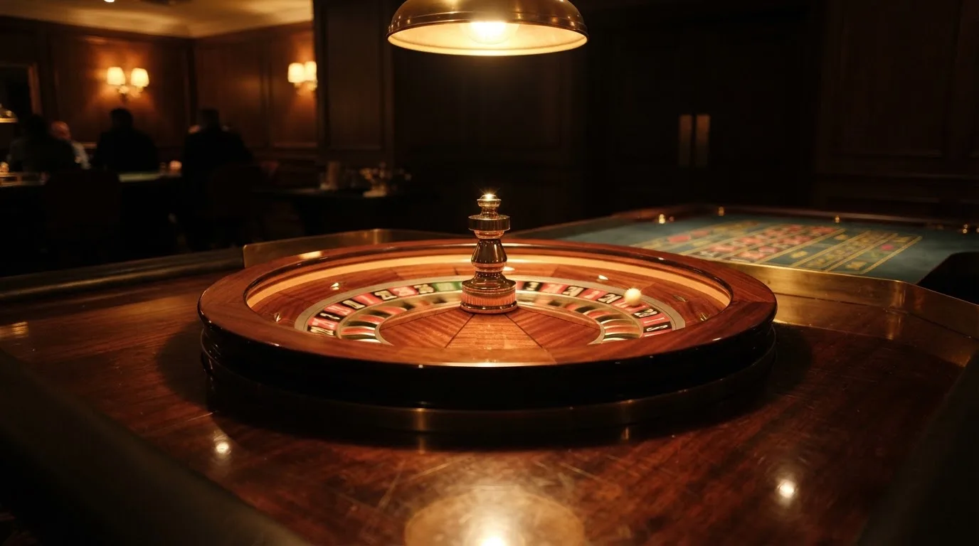 Ett roulettehjul snurrar på ett blankt träbord, den vita kulan glimmar i takljusets guld — svenska casinon med payz