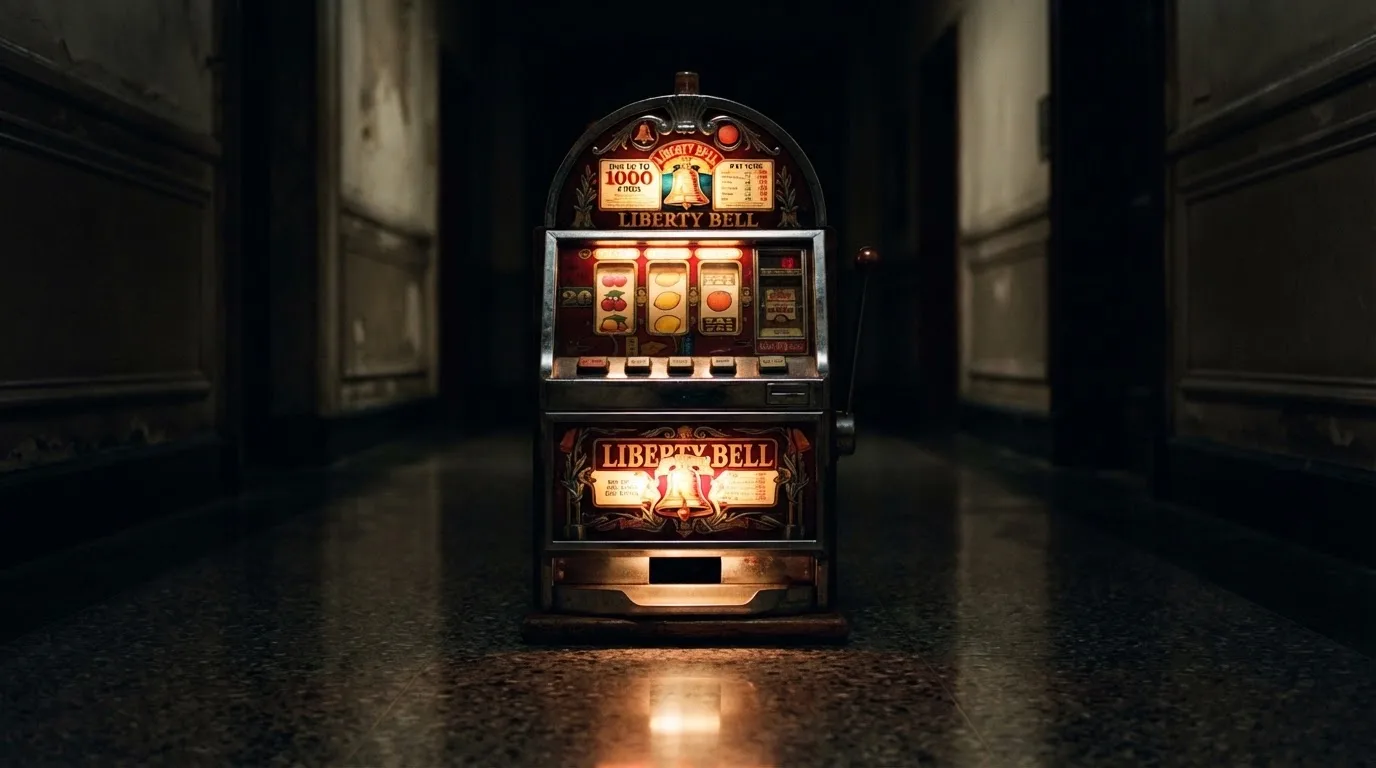 En gammal spelautomat lyser i den dunkla hallen och speglar sig i golvet — svenska casinon med siru