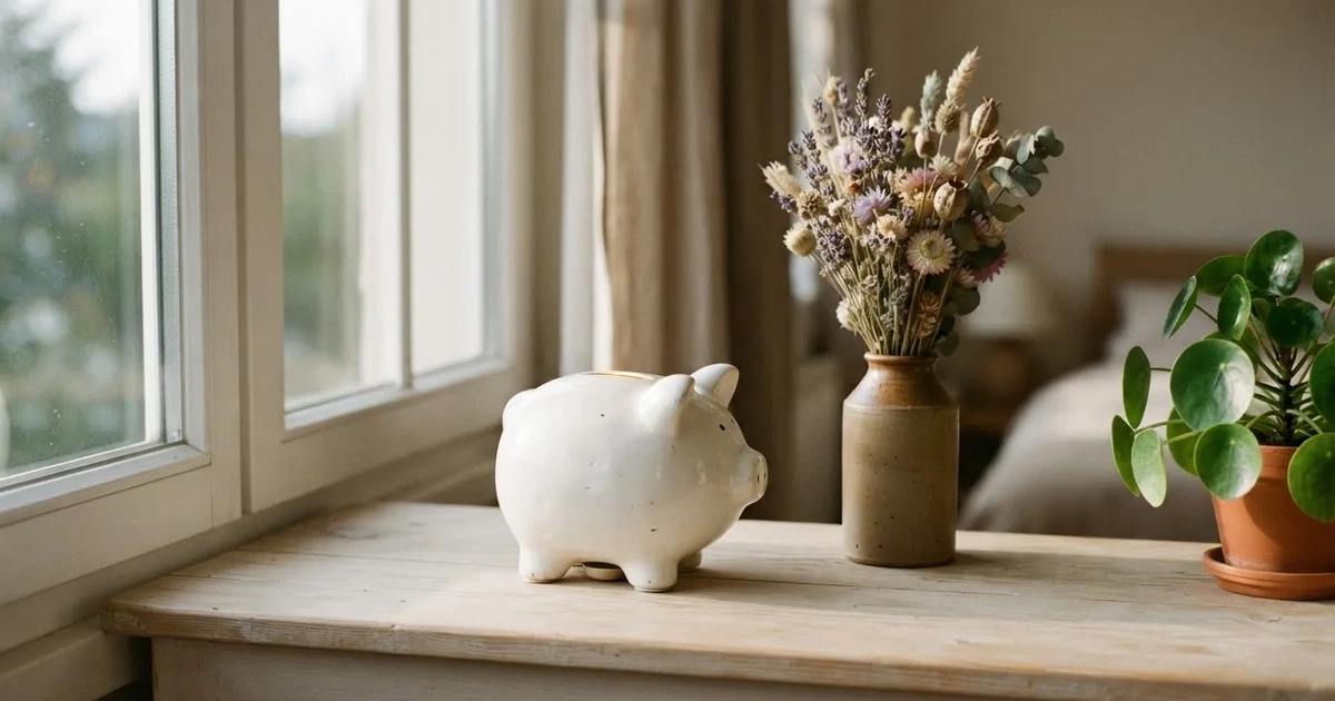 En porslinsgris på fönsterbrädan i morgonljus, bredvid en torkad blombukett och en grön växt — svenska casinon med siru