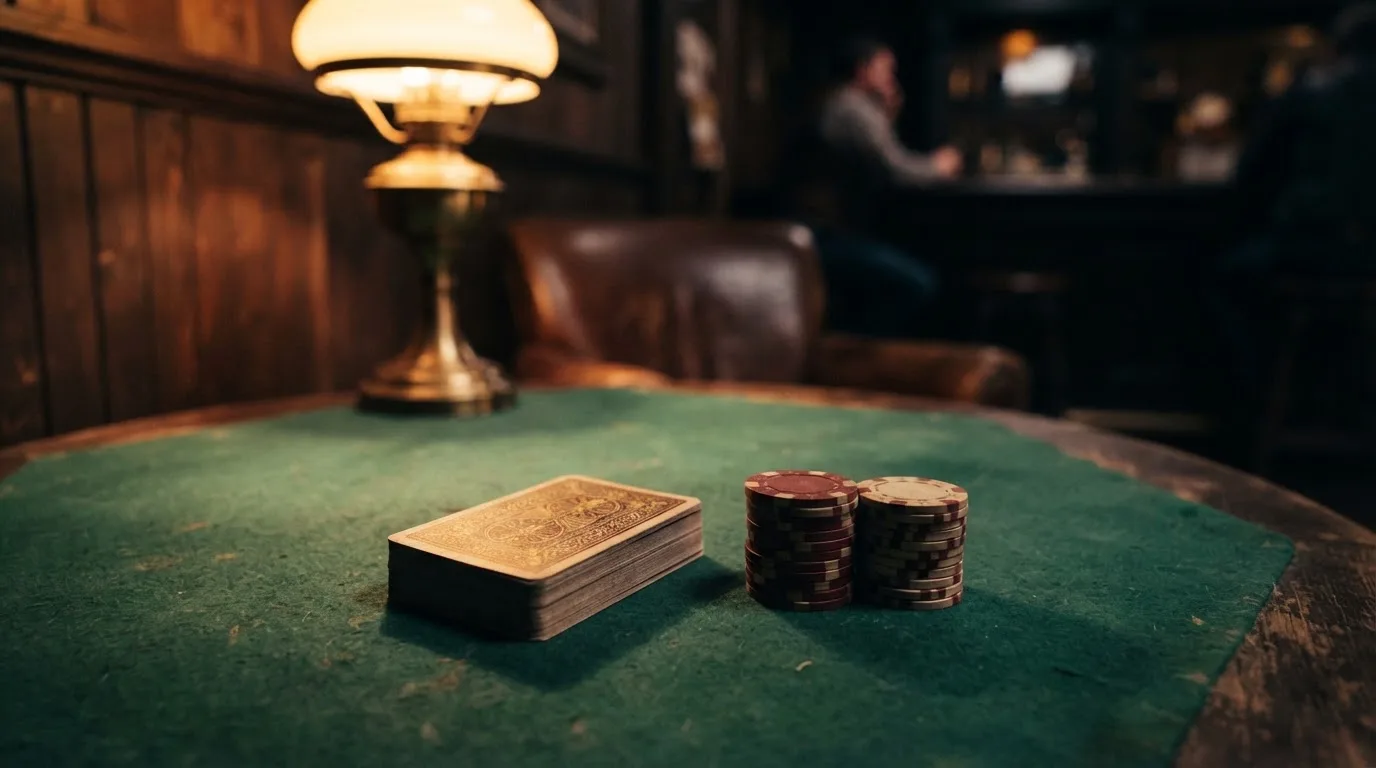 Kortlek och staplar av spelmarker på ett grönt filtbord i en dunkel salong, varmt lampsken — svenska casinon med skrill