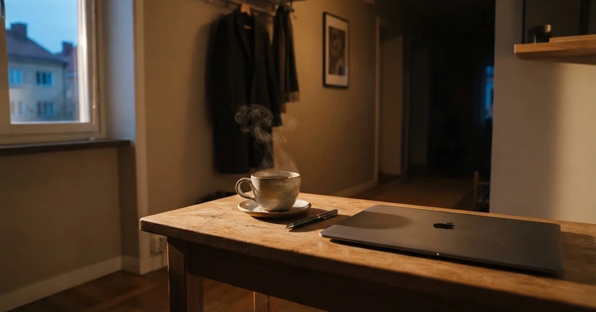 Kaffekopp och penna på ett smalt hallbord i skymning, en stängd bärbar dator vid sidan — svenska casinon med swish
