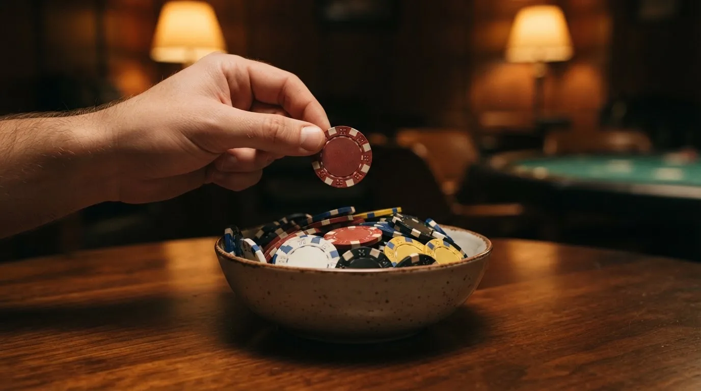 En hand lyfter en spelmark ur en skål, ljuslågan färgar bordet gyllenbrunt — svenska casinon med tether