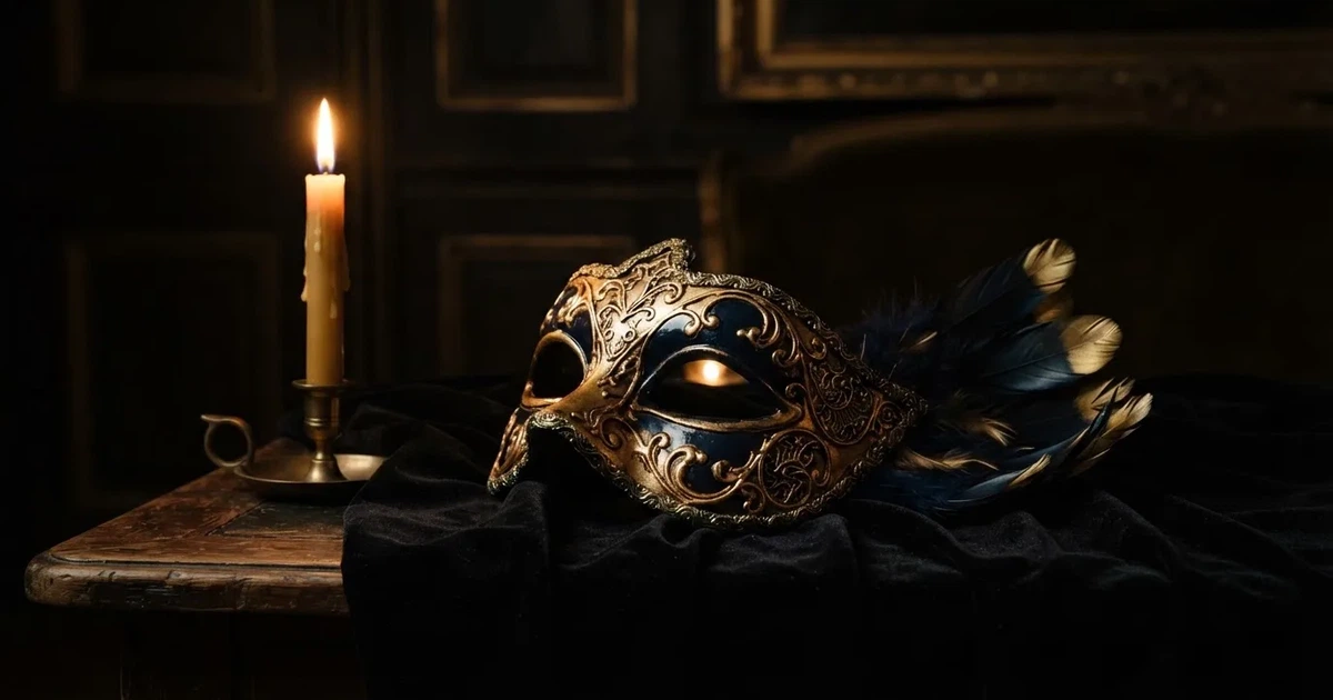 En venetiansk mask på svart sammet, ljuslågan speglas i dess blanka yta — svenska casinon med tether
