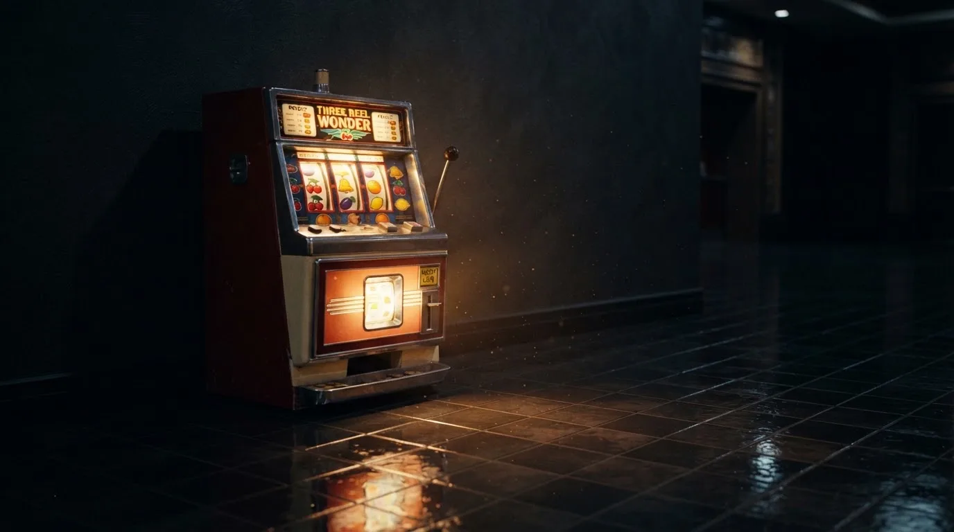 En gammal spelautomat lyser i den dunkla hallen och speglar sig i golvet — svenska casinon med tron