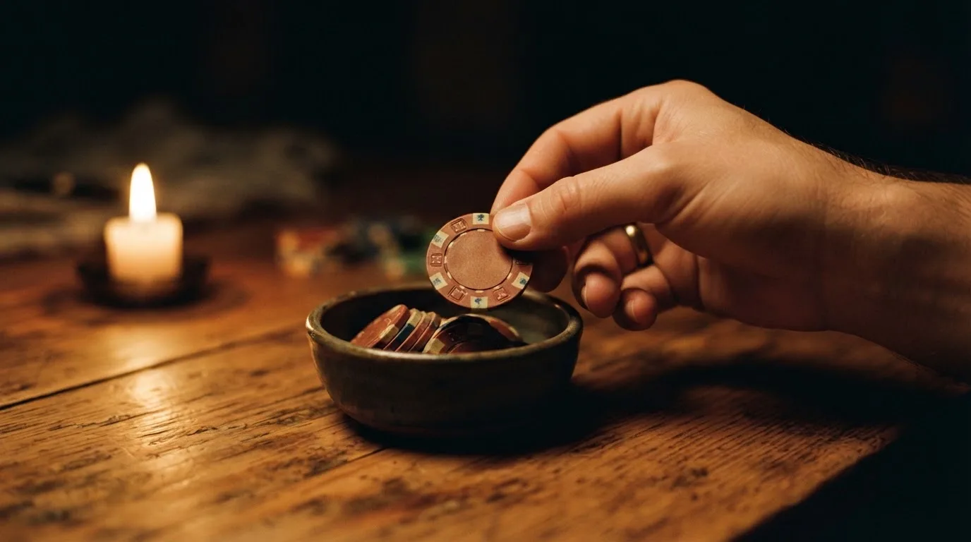 En hand lyfter en spelmark ur en skål, ljuslågan färgar bordet gyllenbrunt — svenska casinon med trustly
