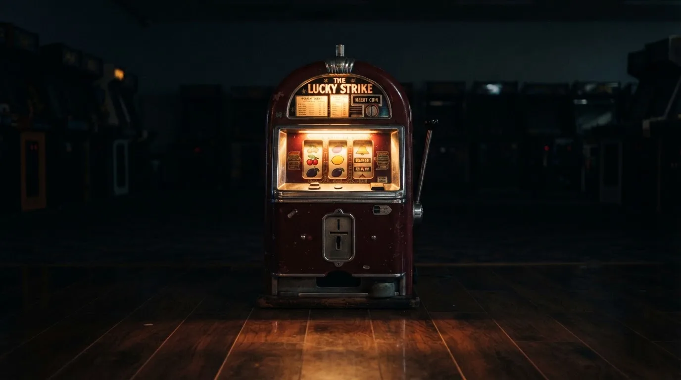 En gammal spelautomat lyser i den dunkla hallen och speglar sig i golvet — svenska casinon med visa