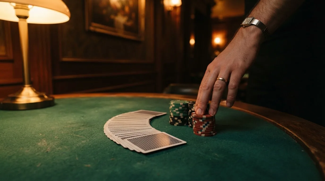 Kortlek och staplar av spelmarker på ett grönt filtbord i en dunkel salong, varmt lampsken — svenska casinon med zimpler