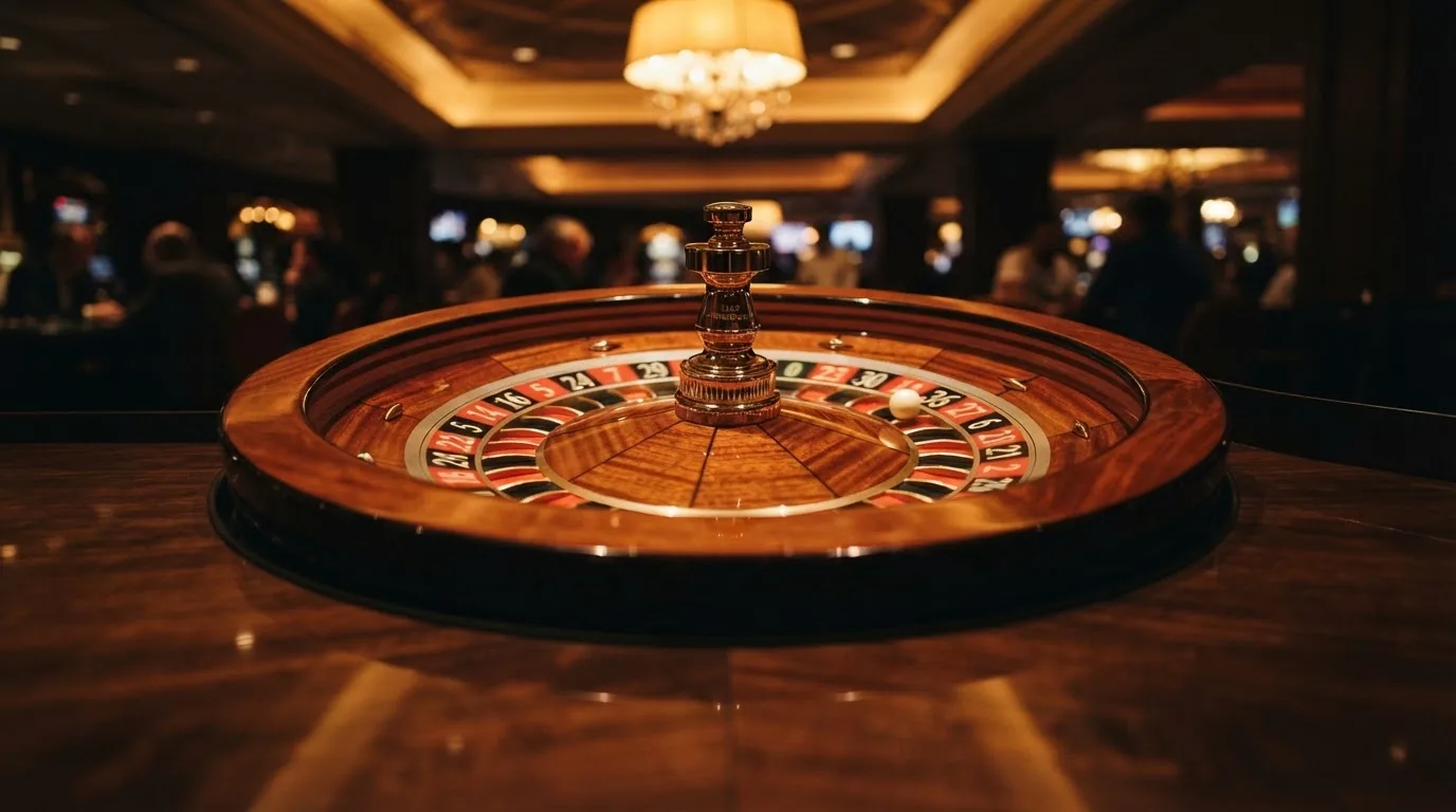 Ett roulettehjul snurrar på ett blankt träbord, den vita kulan glimmar i takljusets guld — svenska casinon på android